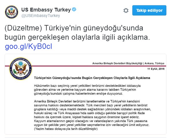 ABD Büyükelçiliği kayyum açıklamasını düzeltti