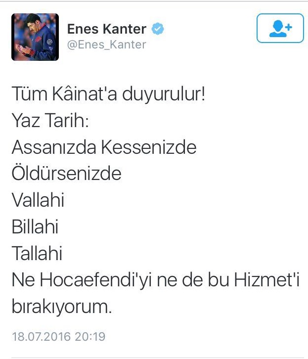 Enes Kanter'den Fethullah Gülen tweeti