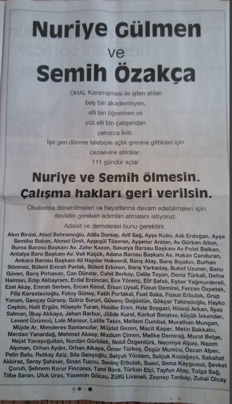 Nuriye Gülmen ve Semih Özakça için 111 isimden bildiri