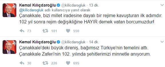 Kılıçdaroğlu'ndan 'hayır'lı Çanakkale Zaferi tweeti