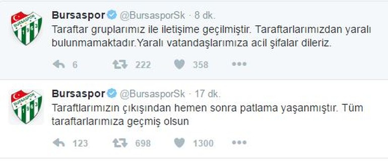 Bursaspor'dan terör saldırısı sonrası açıklama